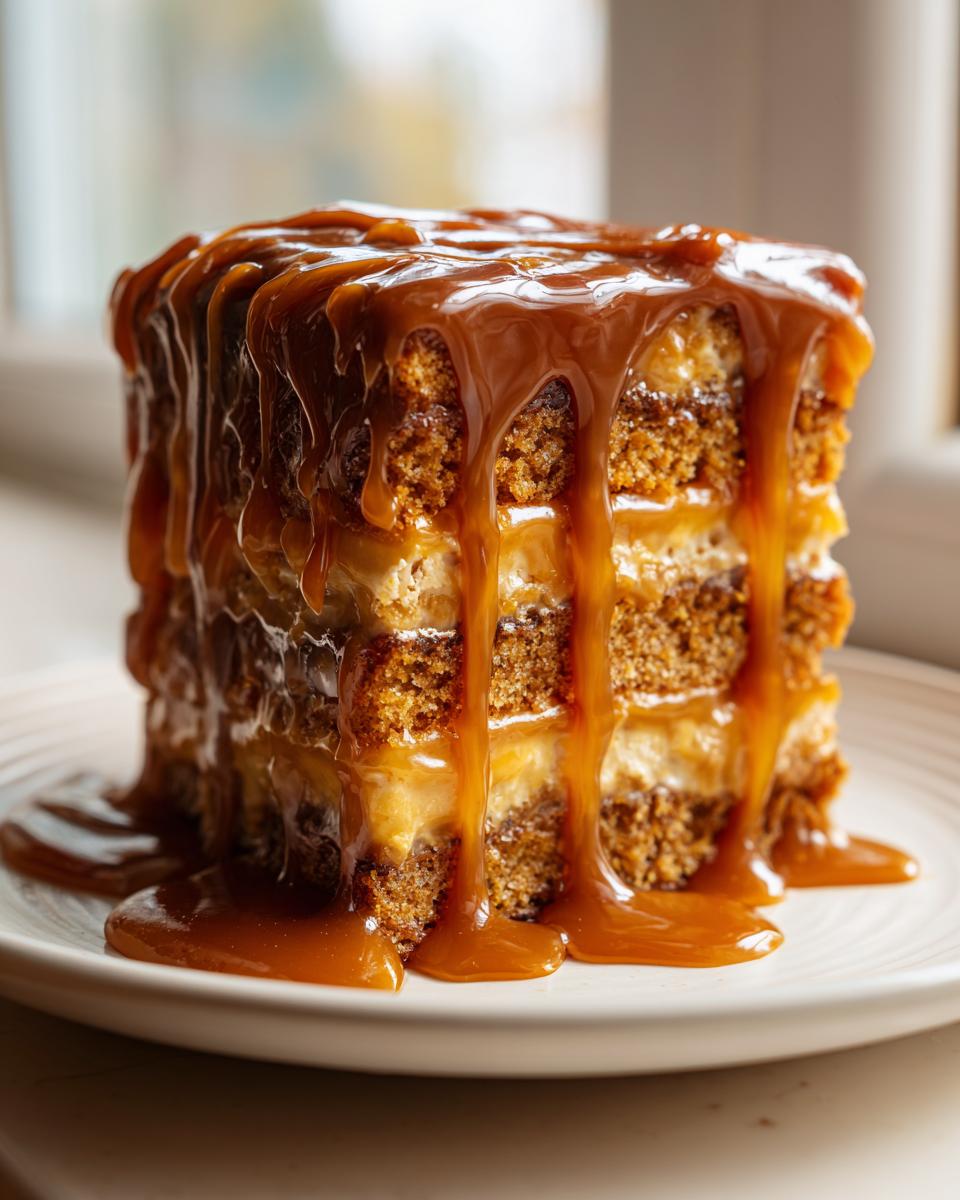Close-up of a tall slice of Salted Caramel Butterscotch Cake dripping with rich caramel sauce.