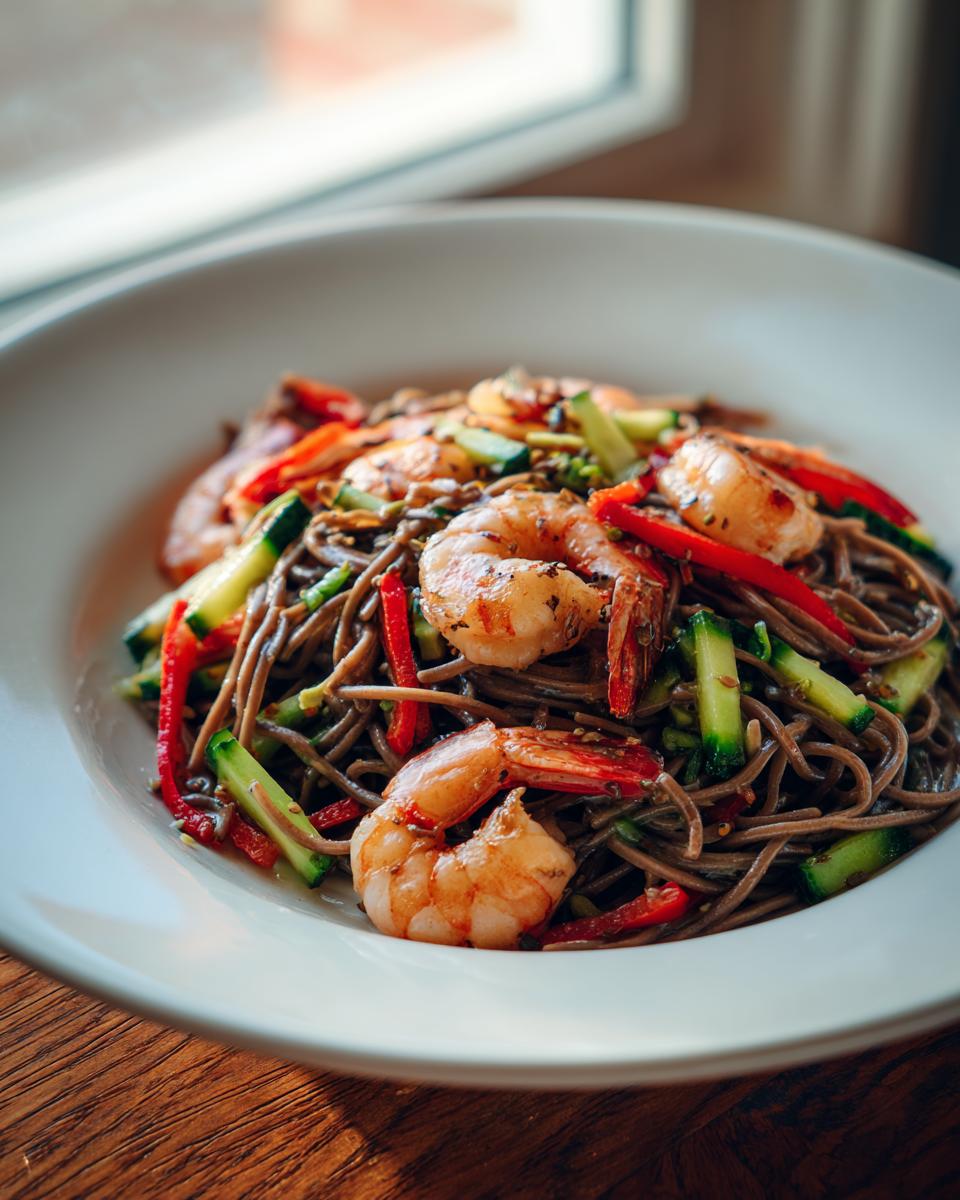 A close-up of a white bowl filled with Soba Noodle Salad With Shrimp, mixed with julienned red peppers and cucumber.