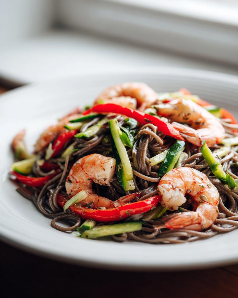 Close-up of Soba Noodle Salad With Shrimp, featuring pink shrimp, julienned cucumber, and red pepper strips.