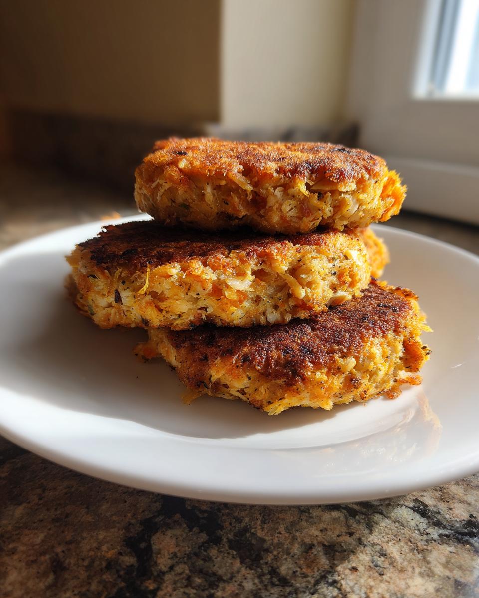 A stack of three golden-brown, pan-fried Salmon Patties resting on a white plate.