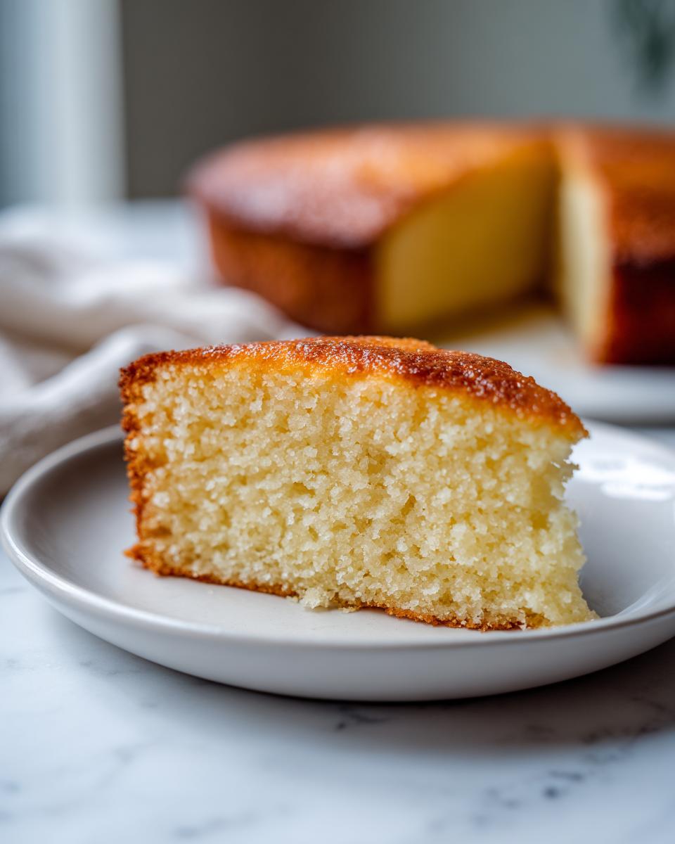 Close-up of a moist slice of Vanilla Buttermilk Cake showing the fine crumb texture and golden crust.
