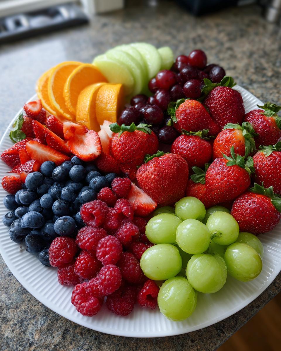 A colorful Fruit Charcuterie Board featuring strawberries, blueberries, raspberries, green grapes, red grapes, orange slices, and melon.
