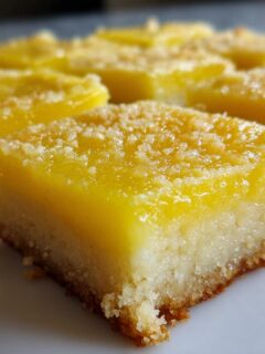 Close-up of a freshly cut square of 2 Ingredient Lemon Bars with a bright yellow topping and crumbly crust.