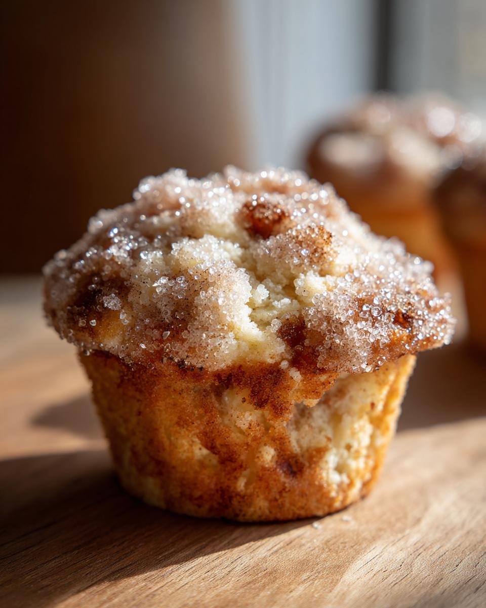 A close-up of a freshly baked Apple Cinnamon Greek Yogurt Muffin topped generously with sparkling cinnamon sugar.