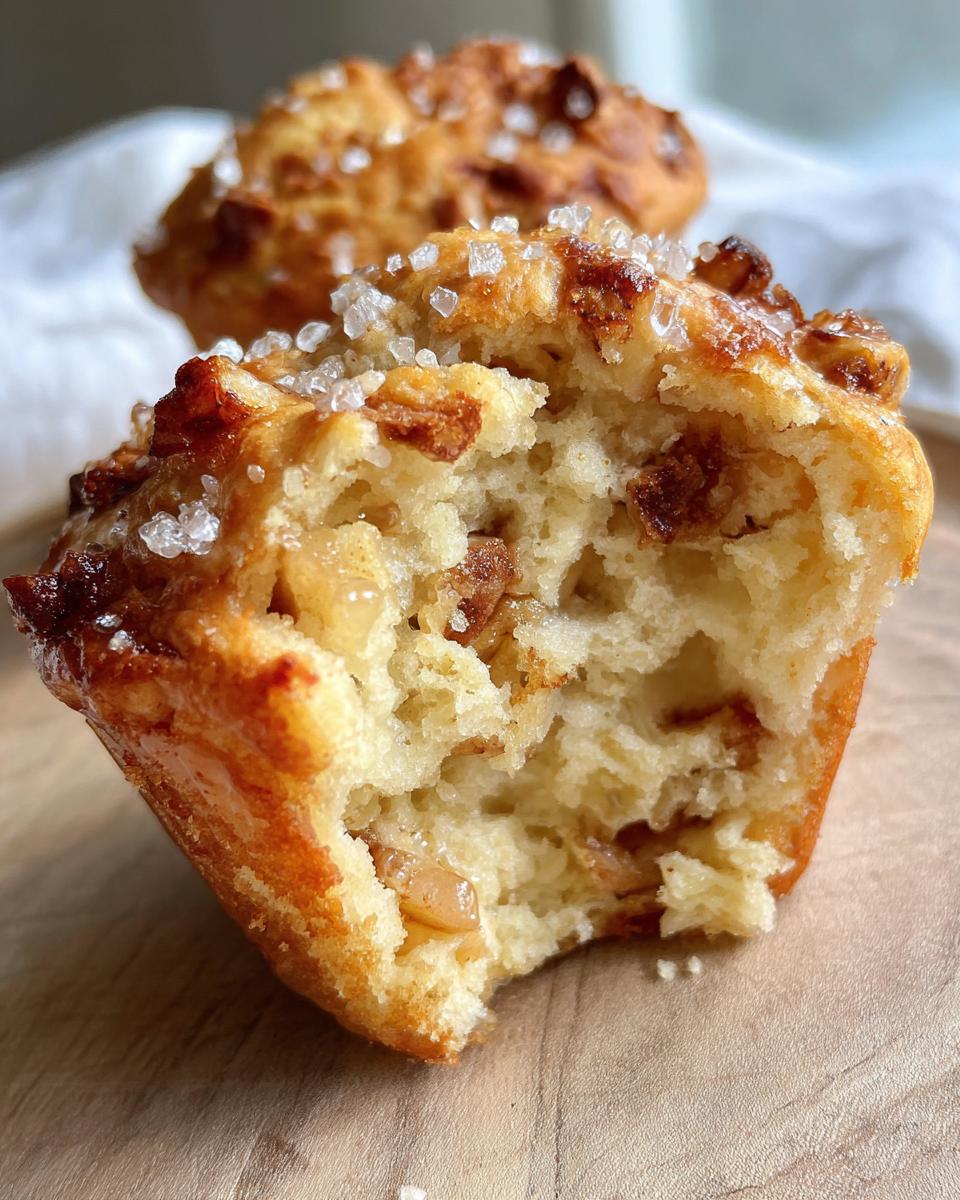 Close-up of a bitten Apple Cinnamon Greek Yogurt Muffin showing moist crumb, apple pieces, and coarse sugar topping.