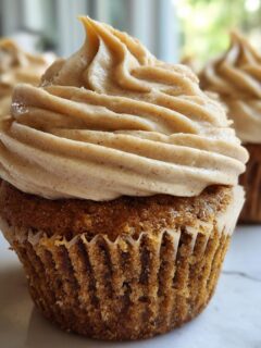 A close-up shot of a freshly baked Biscoff Cupcake topped with thick, swirled Biscoff frosting.
