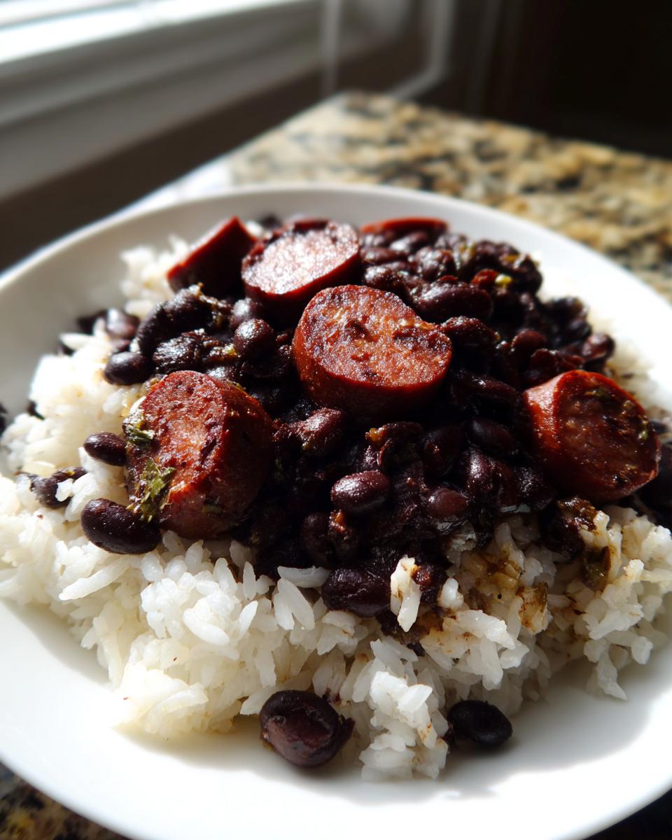 Close-up of a white bowl filled with fluffy white rice topped generously with seasoned black beans and sliced smoked sausage.