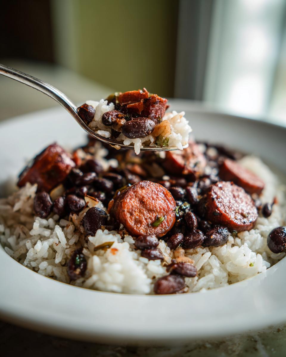 A spoonful of Black Beans And Rice With Sausage, featuring rice, dark beans, and sliced smoked sausage, lifted from a white bowl.