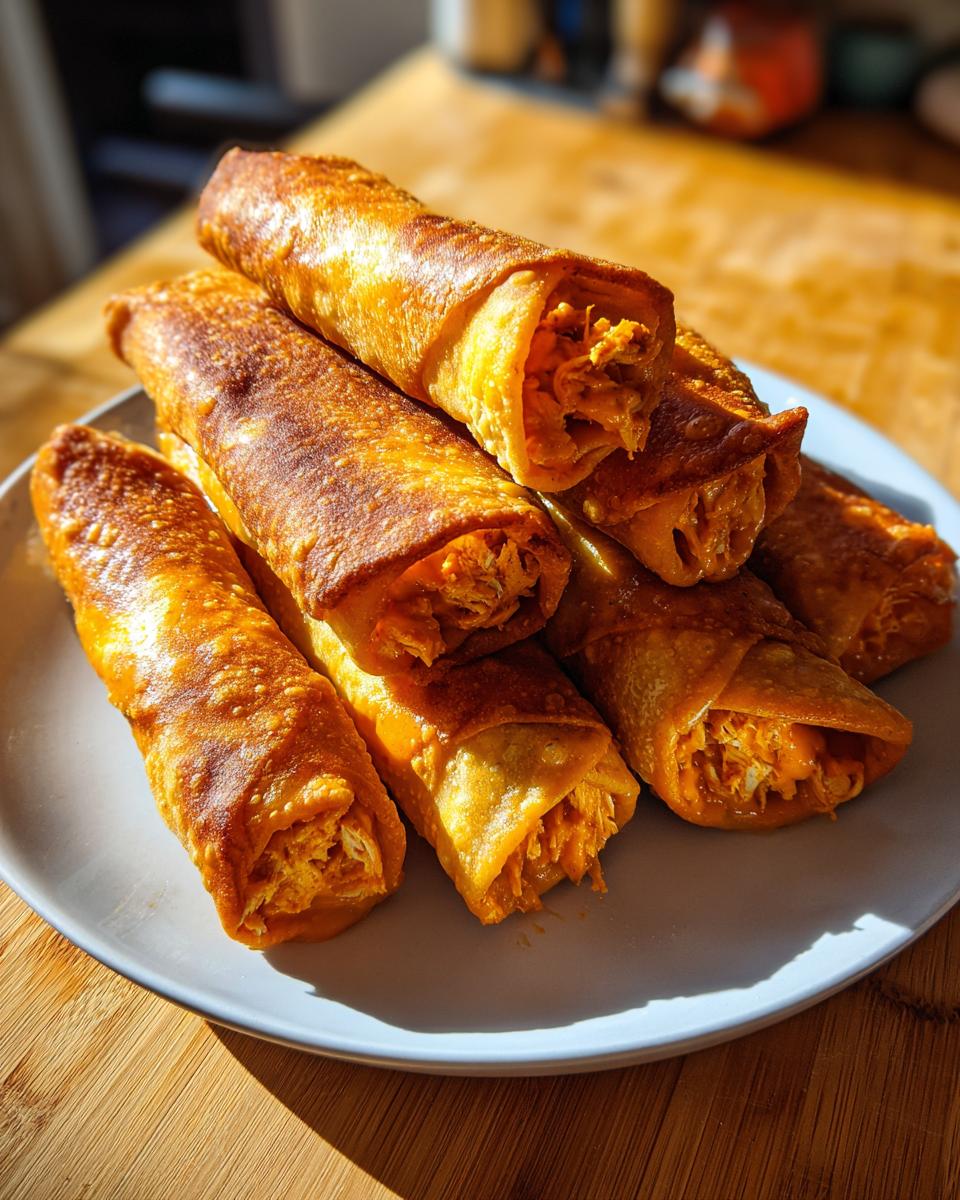 A stack of crispy, golden-brown Buffalo Chicken Taquitos filled with shredded chicken mixture on a light blue plate.