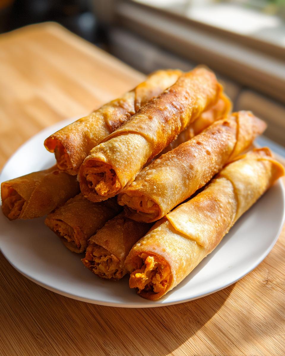 A stack of crispy, golden-brown Buffalo Chicken Taquitos served on a white plate, showing the shredded filling.