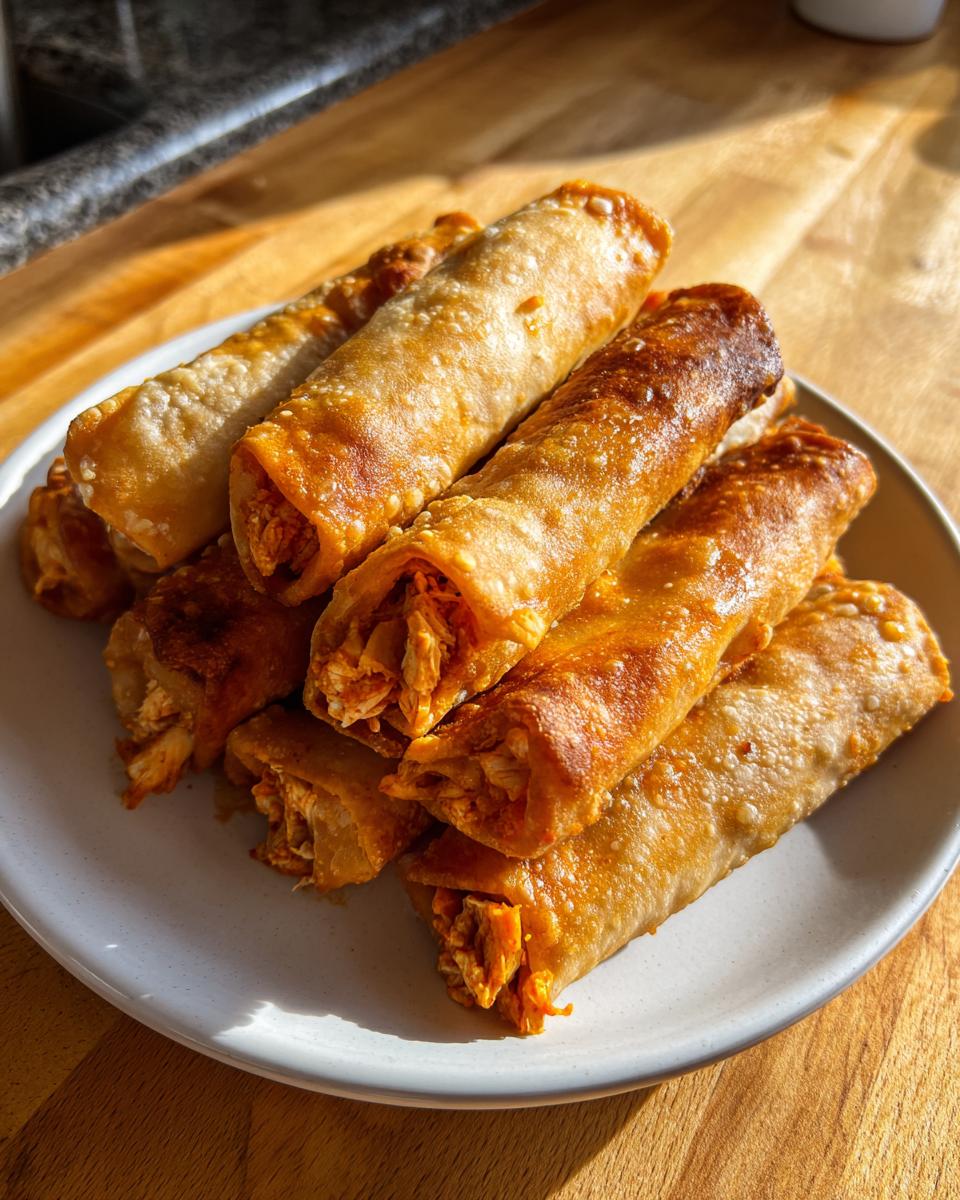 A stack of crispy, golden-brown Buffalo Chicken Taquitos with visible shredded chicken filling, served on a light gray plate.