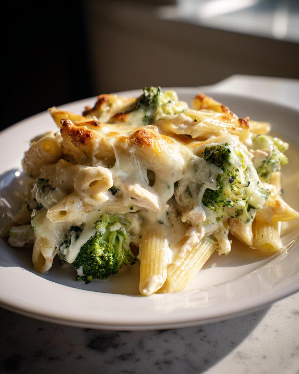 A close-up of creamy, cheesy Chicken Broccoli Pasta with golden baked cheese topping.