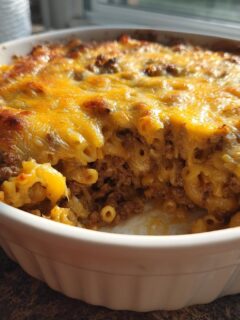 Close-up of a freshly baked Cheesy Ground Beef Macaroni Bake in a white dish, showing a bubbly, golden cheese topping.