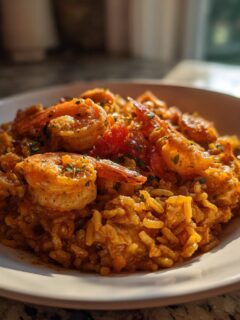 A close-up of a white bowl filled with rich, orange-hued Chicken And Shrimp Jambalaya, topped with seasoned shrimp.