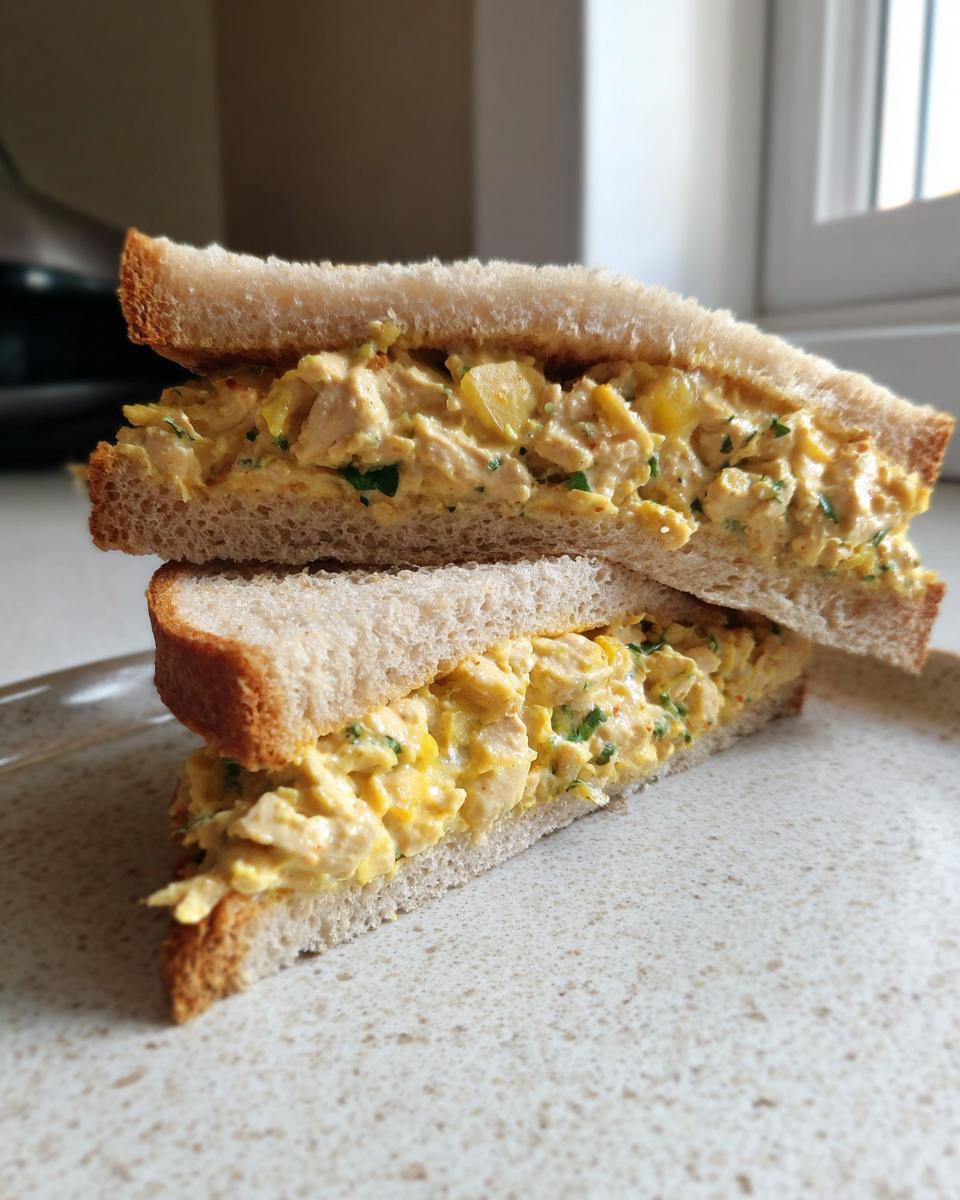 Two halves of a Chicken Pineapple Sandwich stacked on a plate, showing creamy yellow filling with chicken chunks and pineapple.