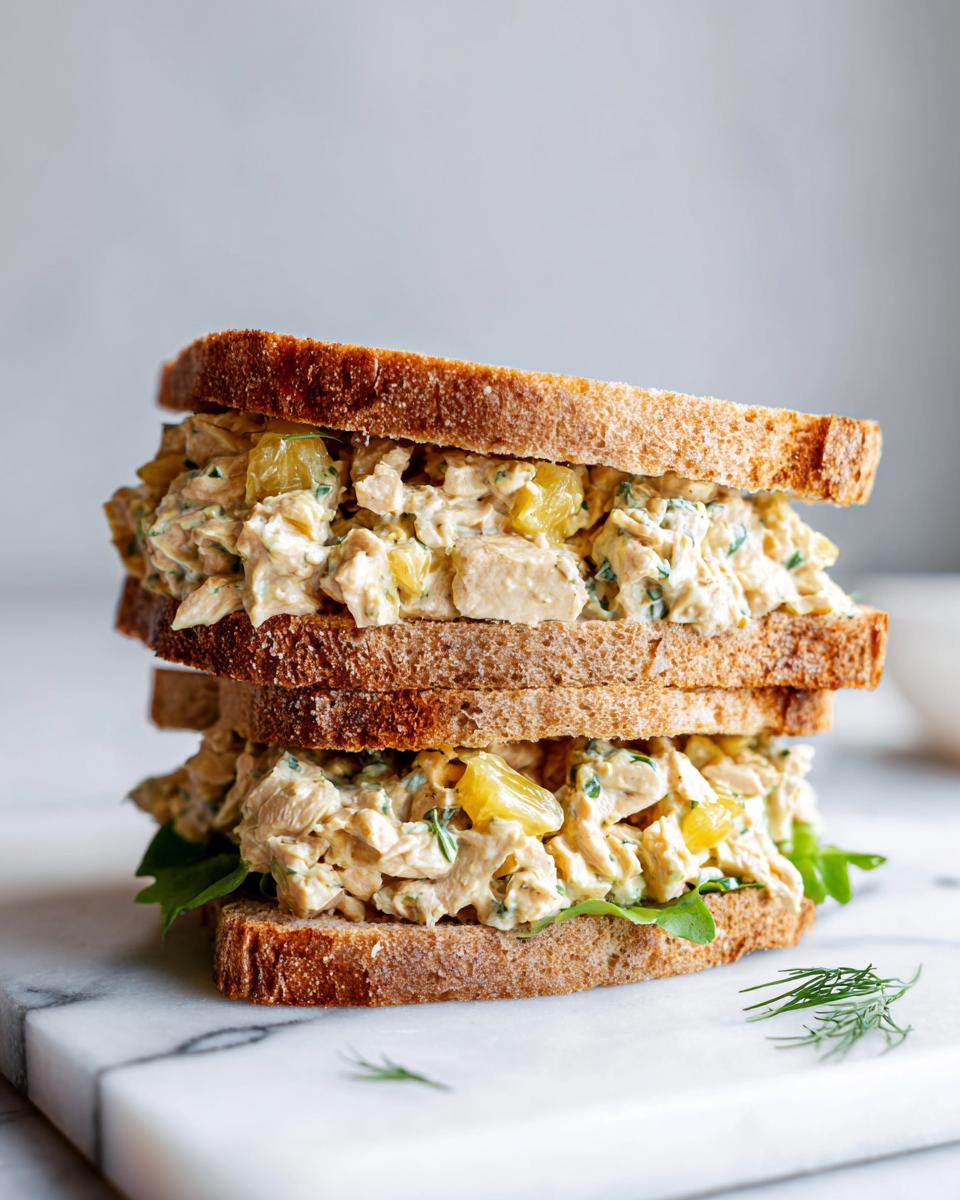 A tall, stacked Chicken Pineapple Sandwich made with creamy chicken salad, visible chunks of pineapple, and served on toasted whole wheat bread.
