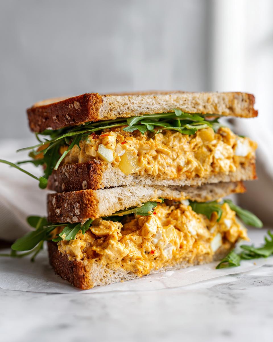 A tall, stacked Chicken Pineapple Sandwich cut in half, showing creamy filling and fresh arugula between whole grain bread.