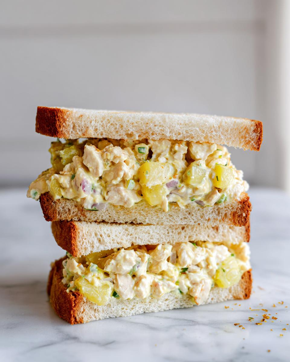 Two halves of a Chicken Pineapple Sandwich stacked on a marble surface, showing creamy filling.