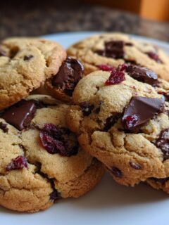A close-up of several soft, golden Chocolate Cherry Cookies studded with dark chocolate chunks and dried cherries on a white plate.
