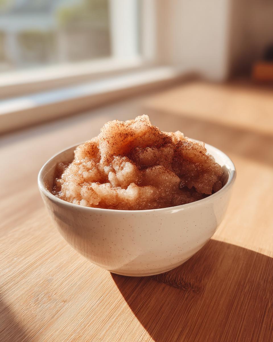 A white speckled bowl filled with fluffy Cinnamon Applesauce, heavily dusted with cinnamon, sitting on a wooden surface.