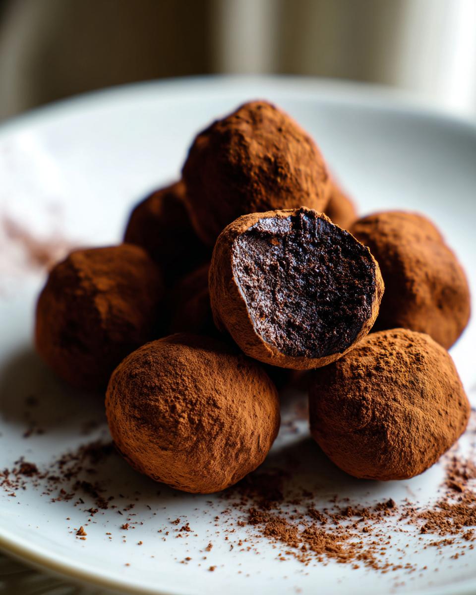 A pile of rich Classic Chocolate Truffles dusted heavily in cocoa powder, one is cut open showing the dark, dense center.