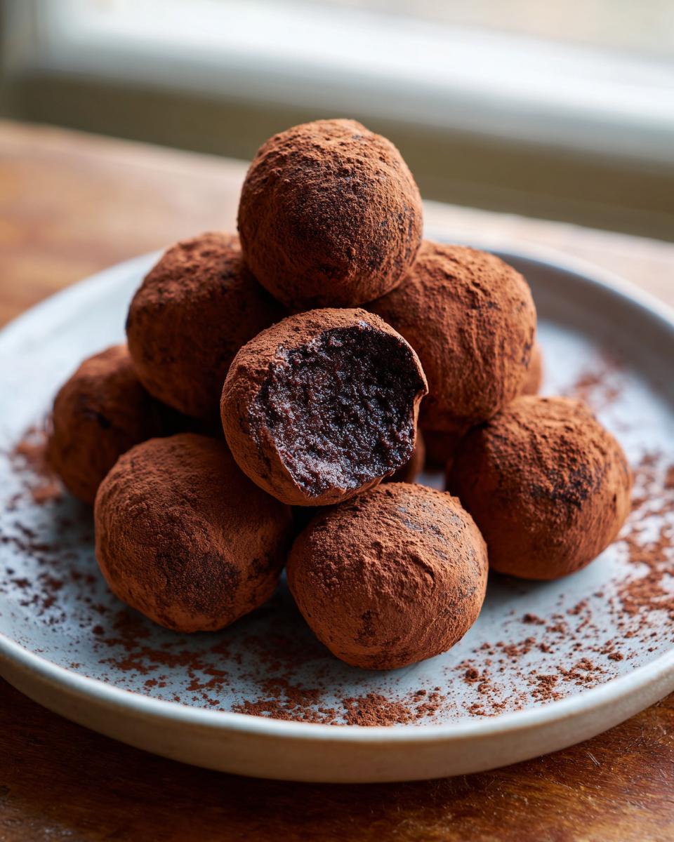 A stack of rich Classic Chocolate Truffles heavily dusted with cocoa powder on a light plate, one truffle is bitten into.