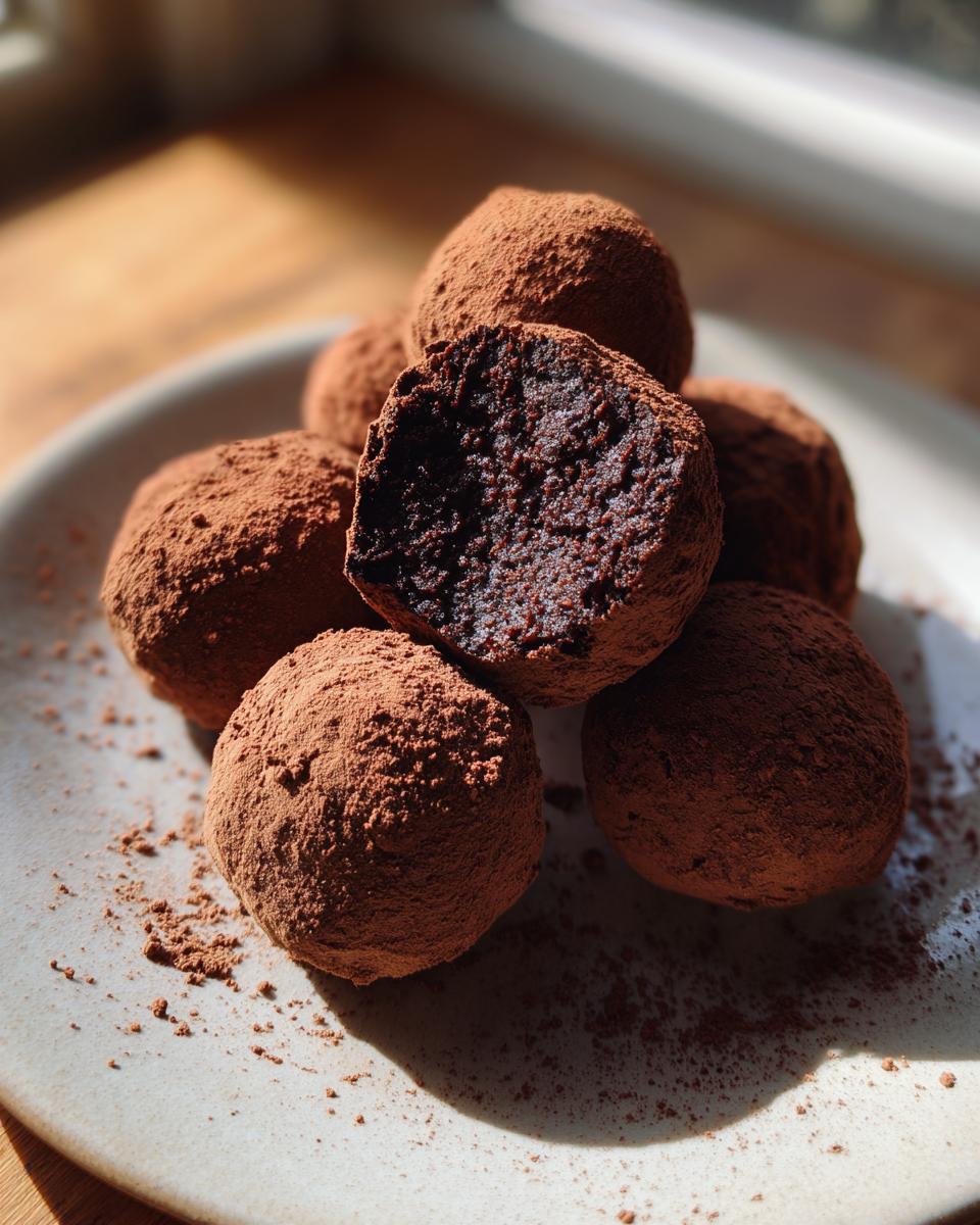 A pile of rich Classic Chocolate Truffles dusted heavily with cocoa powder, one is bitten open showing the dark center.
