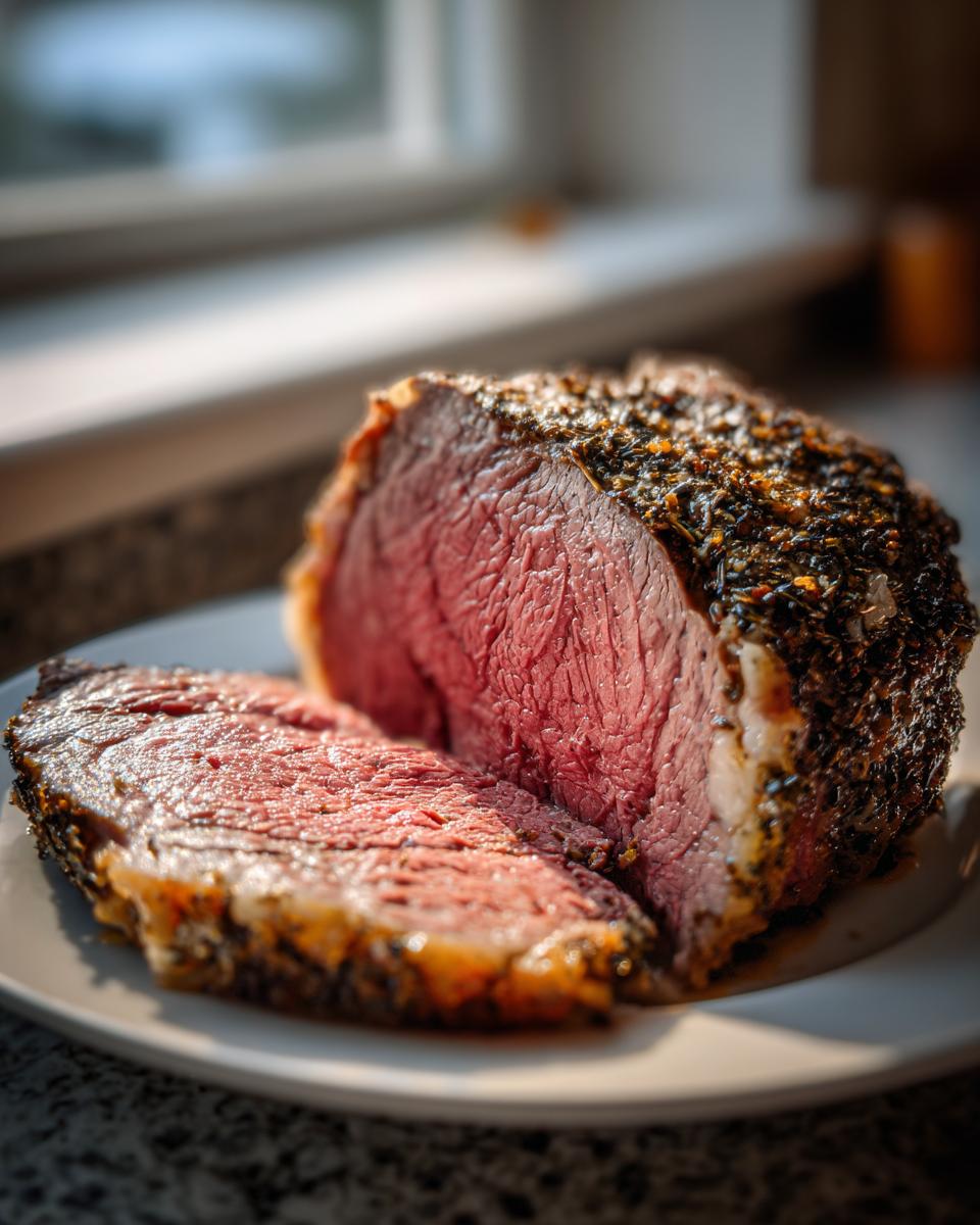 A juicy, medium-rare Classic Roast Beef, sliced to show its pink interior and dark herb crust.