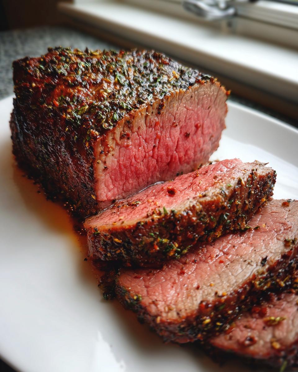 A thick slice of juicy, medium-rare Classic Roast Beef with a dark herb crust resting on a white platter.