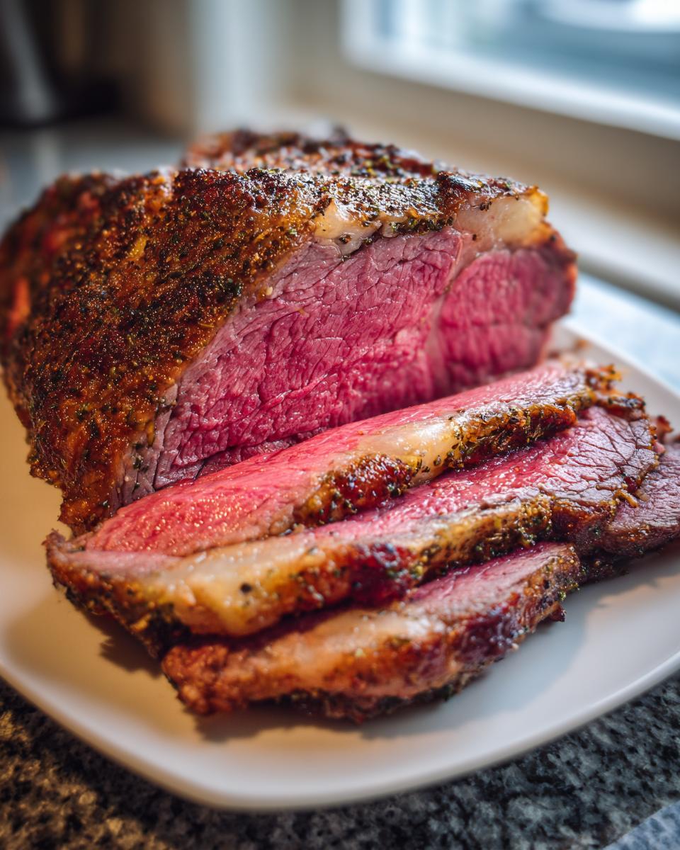 Close-up of a juicy Classic Roast Beef, perfectly sliced to show a medium-rare center and seasoned crust.