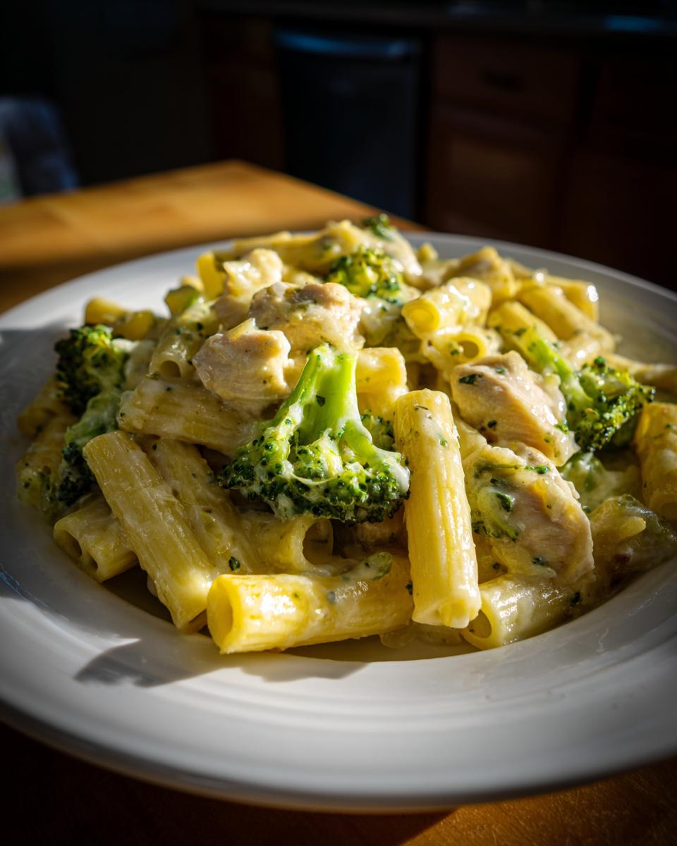 Close-up of a plate of creamy Chicken Broccoli Pasta featuring penne, chunks of chicken, and bright green broccoli florets.