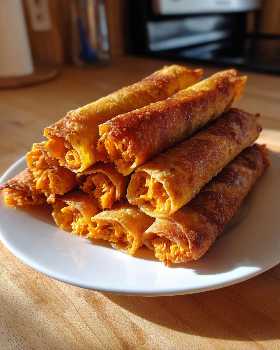 A stack of golden brown, crispy Buffalo Chicken Taquitos piled high on a white plate, showing the shredded orange filling.