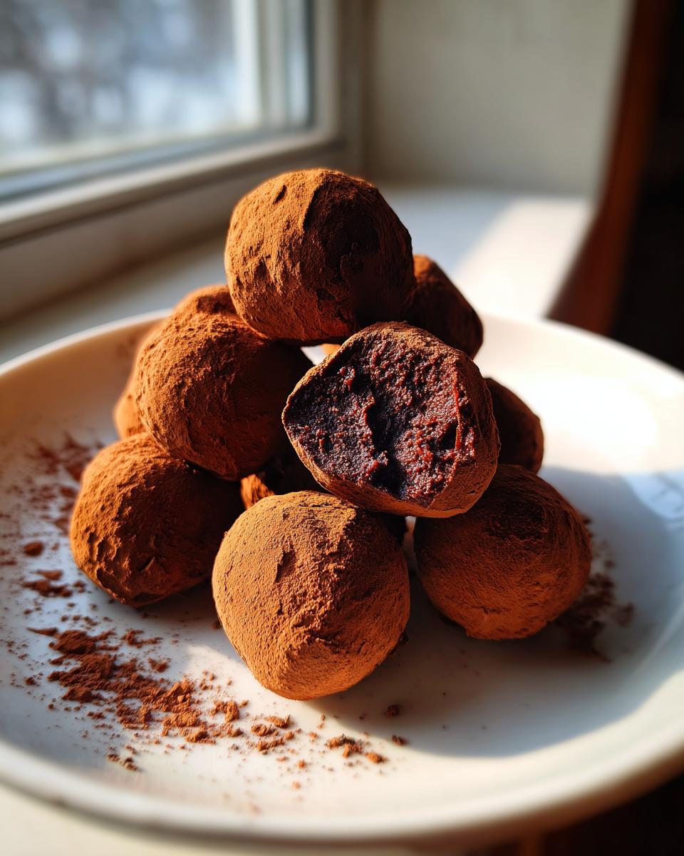 A stack of homemade Dark Chocolate Truffles dusted heavily with cocoa powder, one is cut open to show the rich interior.