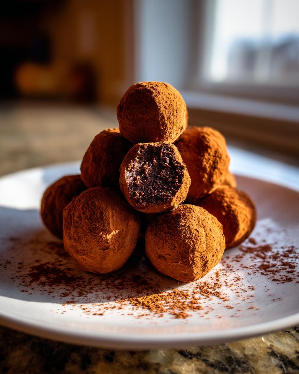 A stack of rich, cocoa-dusted Dark Chocolate Truffles on a white plate, one is broken open showing the dense center.