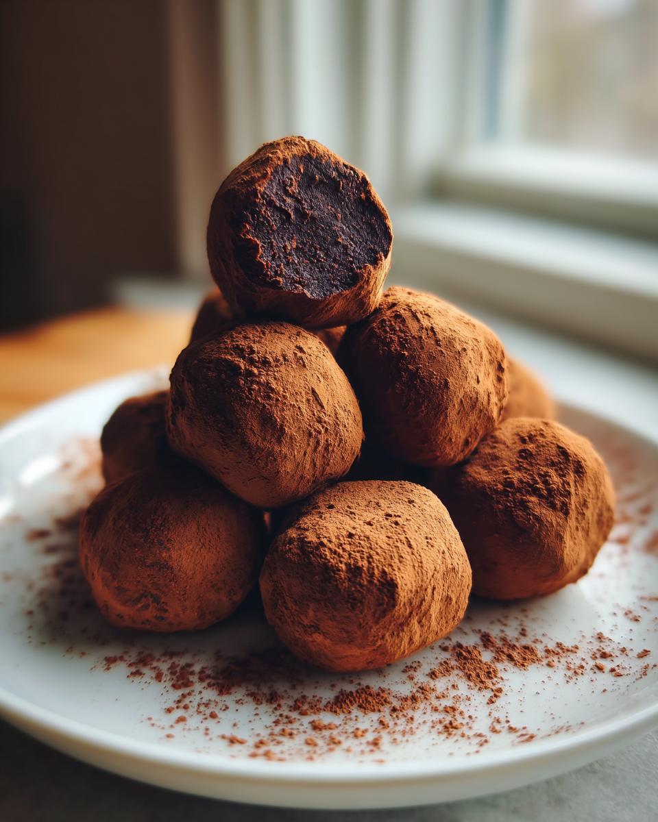 A stack of rich, cocoa-dusted Dark Chocolate Truffles piled on a white plate, one cut open showing the dark center.