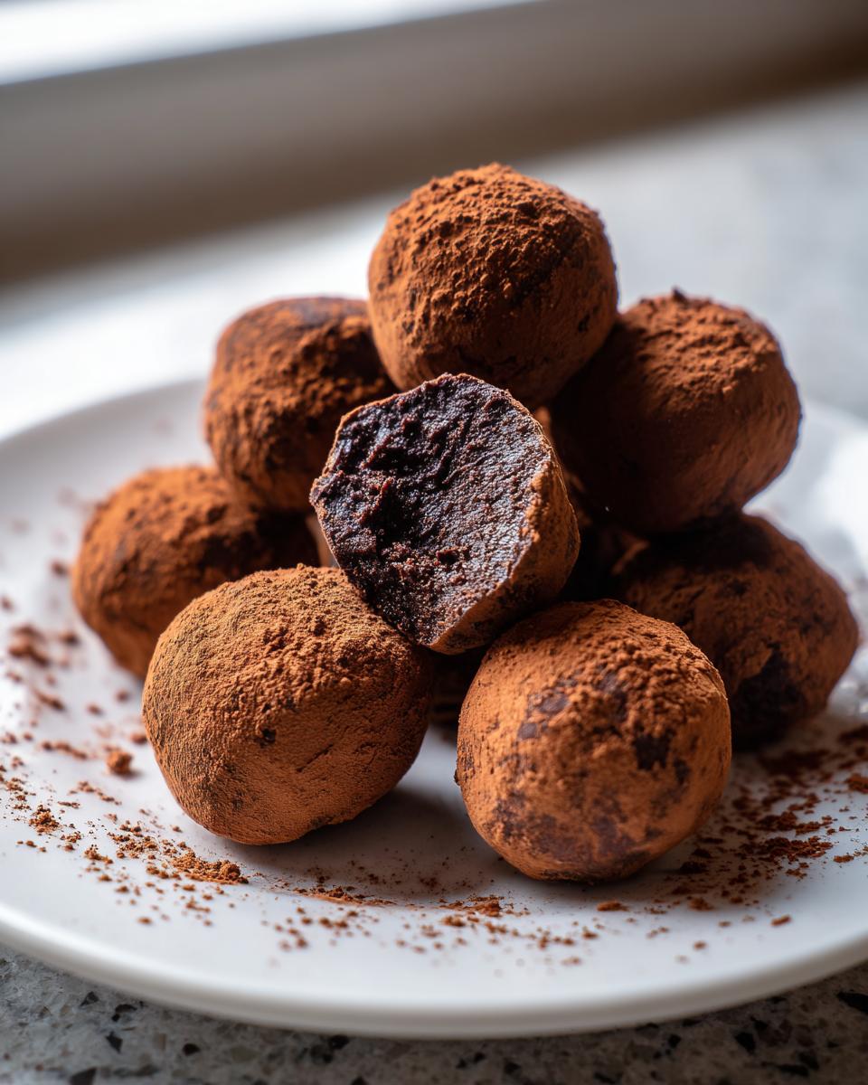 A stack of homemade Dark Chocolate Truffles heavily dusted in cocoa powder, with one cut open to show the rich center.