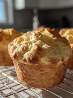 Three golden-brown, fluffy Egg White Muffins cooling on a wire rack near a bright window.