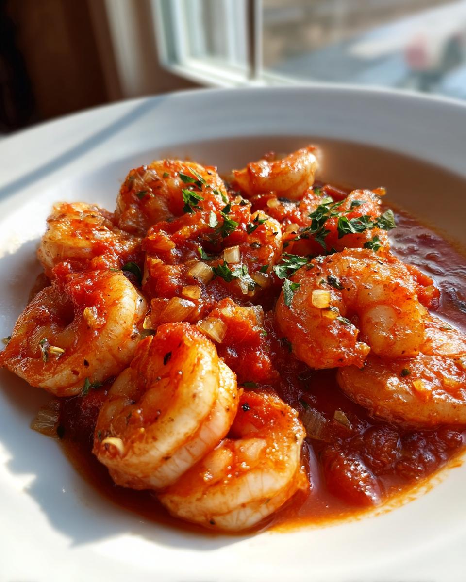 Close-up of plump shrimp coated in rich tomato sauce, garnished with fresh parsley, showcasing the Garlic Shrimp In Tomato Sauce recipe.