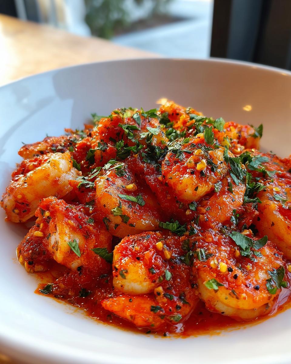 Close-up of plump shrimp coated in rich, red tomato sauce, garnished heavily with fresh parsley, featuring Garlic Shrimp In Tomato Sauce.