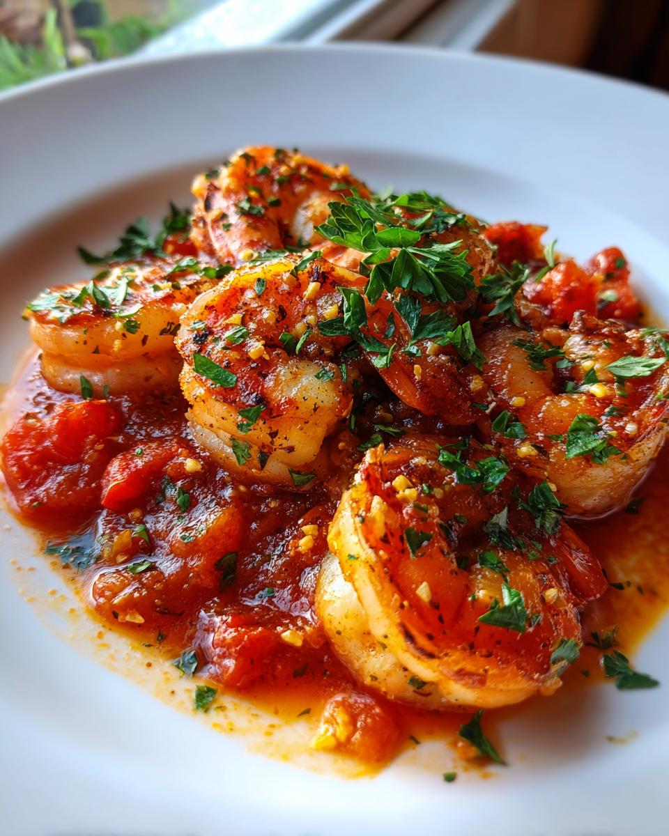 Close-up of several plump shrimp coated in a rich tomato sauce, featuring visible garlic bits and fresh parsley, representing Garlic Shrimp In Tomato Sauce.