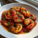 Close-up of plump shrimp served in a rich Garlic Shrimp In Tomato Sauce, garnished with fresh chopped parsley.