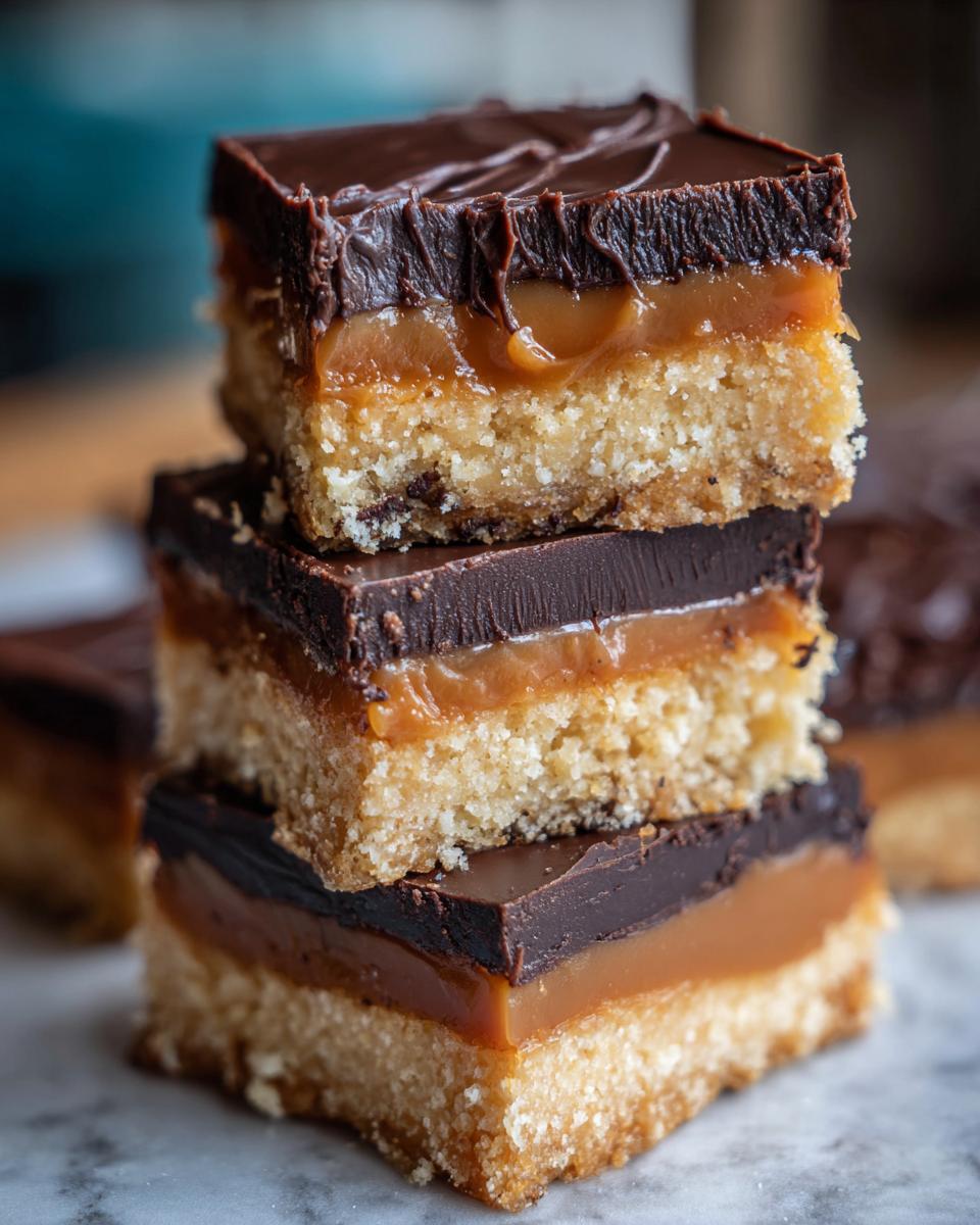 A close-up stack of three rich Millionaires Shortbread bars showing the shortbread, caramel, and chocolate layers.
