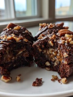 Close-up of Pecan Pie Brownie Bombs cut in half showing gooey caramel filling, topped with chocolate drizzle and pecans.