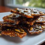A stack of shiny, broken pieces of homemade Pumpkin Seed Toffee brittle served on a white plate.