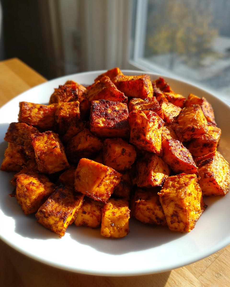 A close-up of a white bowl filled with golden brown, seasoned Sweet Potato Bites, brightly lit by natural light.