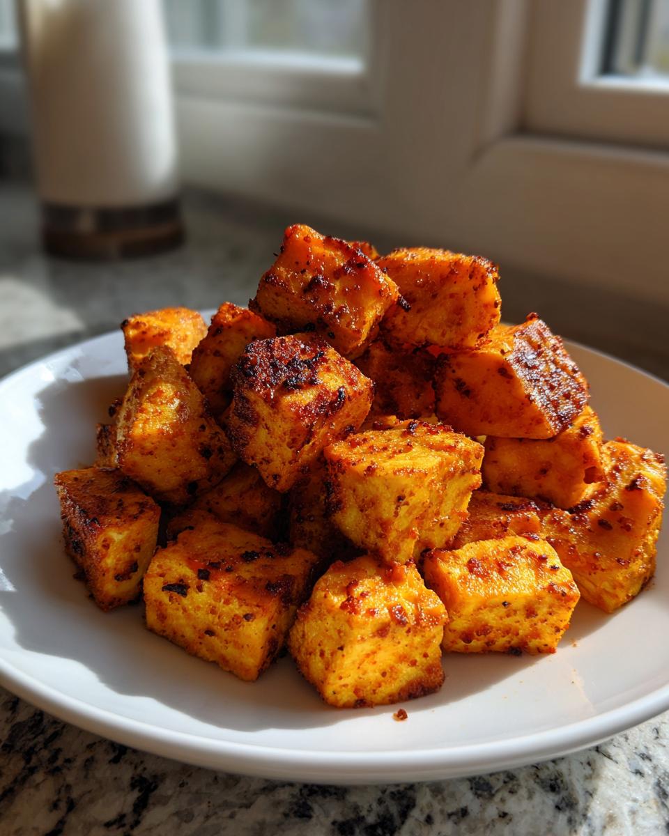 A close-up of a mound of golden-orange, roasted Sweet Potato Bites seasoned with spices, served on a white plate.