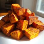 A pile of golden brown, seasoned Sweet Potato Bites stacked high on a white plate, illuminated by sunlight.