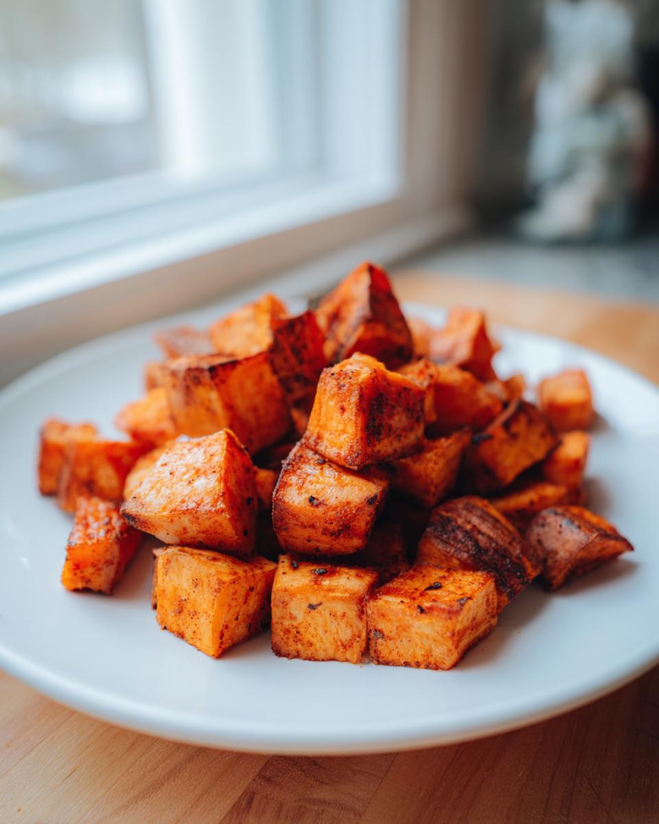 A close-up of seasoned, roasted Sweet Potato Bites piled on a white plate near a bright window.