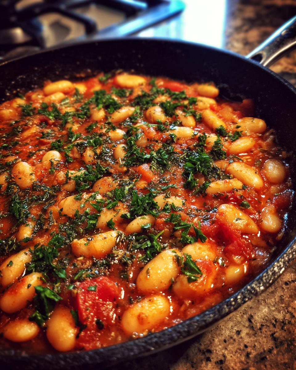 Close-up view of the finished Tuscan White Bean Skillet cooking in a dark pan, topped with fresh parsley.