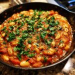 Close-up of a rich Tuscan White Bean Skillet simmering in a cast iron pan, topped with fresh parsley.